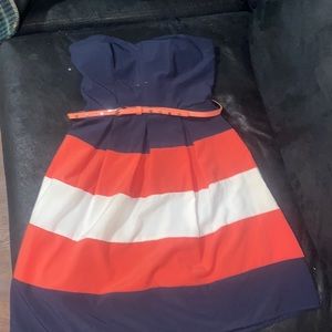 Strapless Navy blue orange and white dress, comes with orange belt w/ gold studs